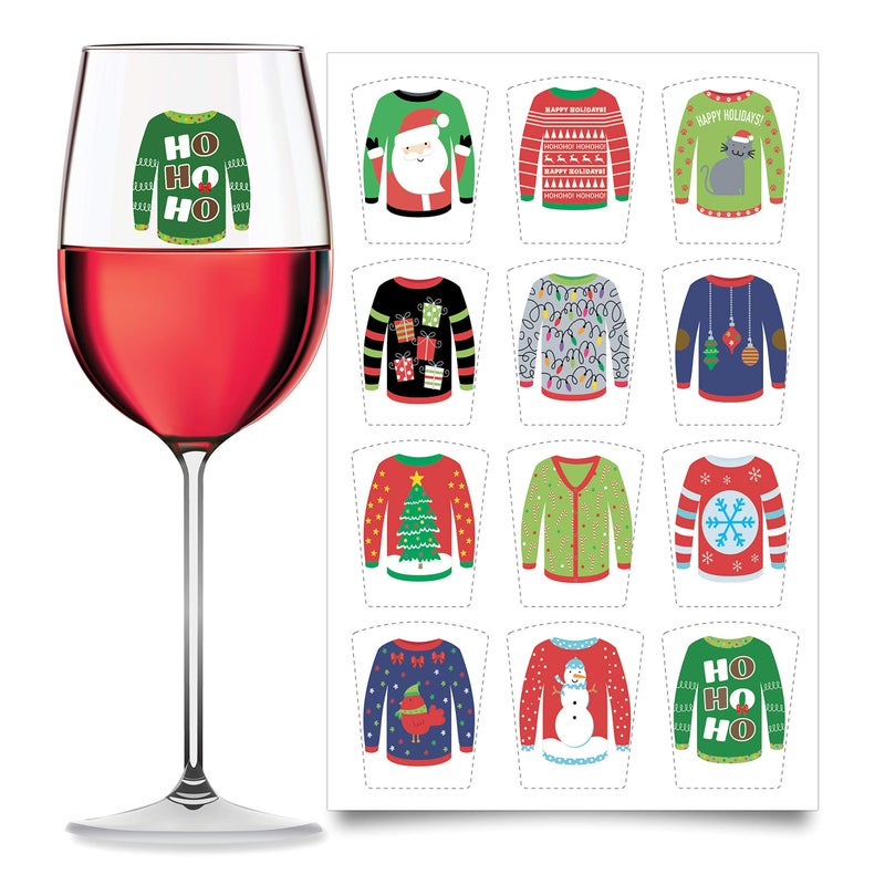 Wine Wear Drink Markers - 12 Christmas Ugly Sweater Wine Glass Markers, Reusable Sticker Decals Drink Identifiers, Holiday Party Decorations - Image 1