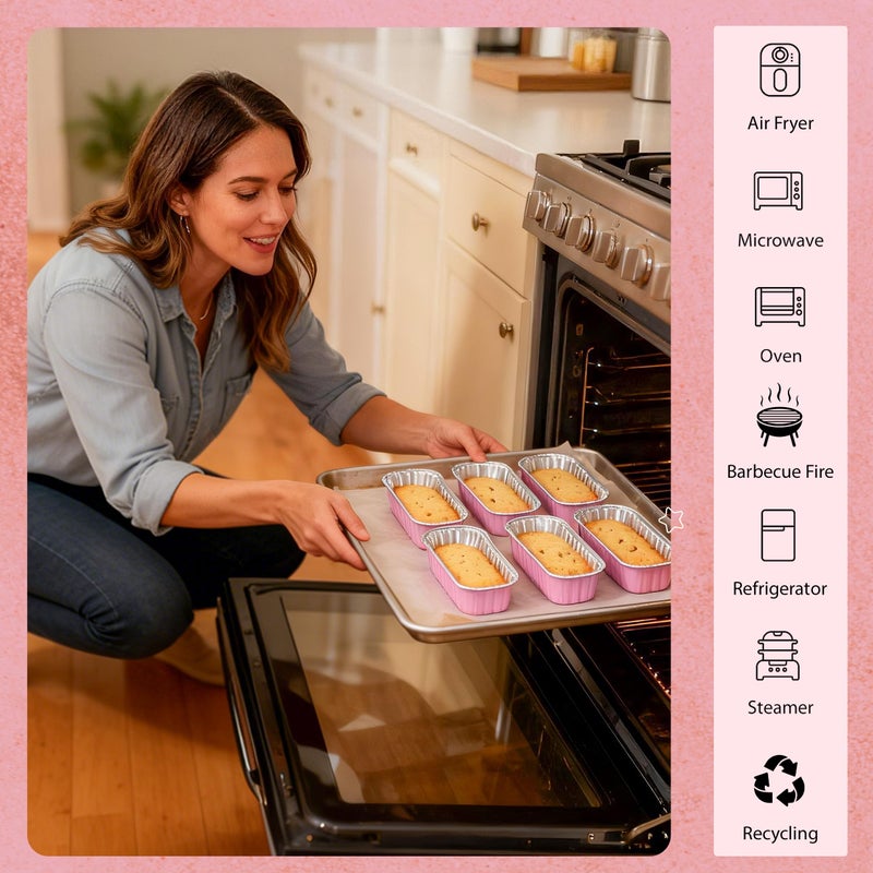 NPLUX 50 PACK Mini Cake Pans with Lids and Spoons,Rectangular Aluminum Foil Bread Pan,Mini Loaf Pans and Food Containers with Lids(Pink,6.8oz) - Image 4