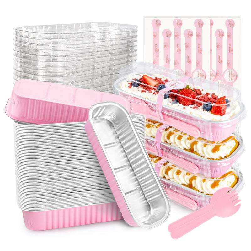 NPLUX 50 PACK Mini Cake Pans with Lids and Spoons,Rectangular Aluminum Foil Bread Pan,Mini Loaf Pans and Food Containers with Lids(Pink,6.8oz) - Image 1