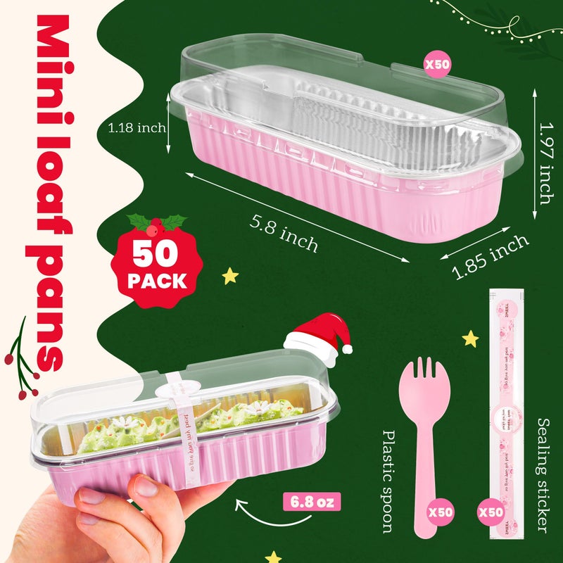 NPLUX 50 PACK Mini Cake Pans with Lids and Spoons,Rectangular Aluminum Foil Bread Pan,Mini Loaf Pans and Food Containers with Lids(Pink,6.8oz) - Image 3