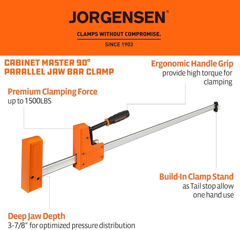 Jorgensen 36-inch Bar Clamps, 90°Cabinet Master Parallel Jaw Bar Clamp Set, 2-pack - Image 2