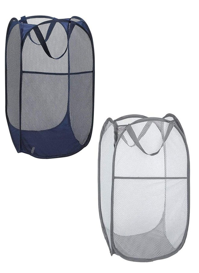 HAWAWA 2PCS Mesh Pop-up Laundry Hamper, Collapsible Laundry Basket with Durable Handles&Side Pocket High Carbon Steel Frame, Foldable Pop-Up Laundry Bags for Home College Dorm or Travel Storage(Blue&grey )  - Image 1