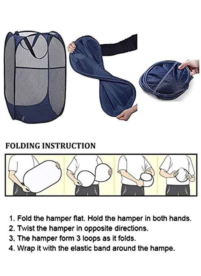 HAWAWA 2PCS Mesh Pop-up Laundry Hamper, Collapsible Laundry Basket with Durable Handles&Side Pocket High Carbon Steel Frame, Foldable Pop-Up Laundry Bags for Home College Dorm or Travel Storage(Blue&grey )  - Image 3