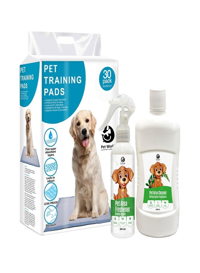 PET World Training Pee Pads 30 Count, Cleaner 500ml, Freshener 200ml (Apple) Combo | Leak-Proof & Odour Control