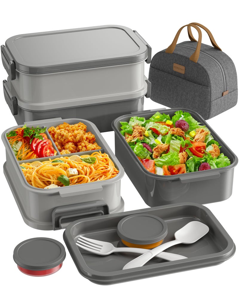 KEMETHY Adults Bento Lunch Box Set with Thermo Bag, 74oz Stackable Leak-proof 3-tiers Bento Box, Built-in Utensil and Sauce Container for Work, School, Dining Out (Gray) - Image 1