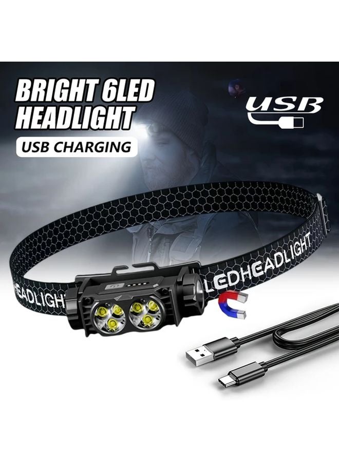 1pc Bright 6 LED Headlamp USB Rechargeable Hands Free Flashlight With Side Magnet Power Display - Image 2