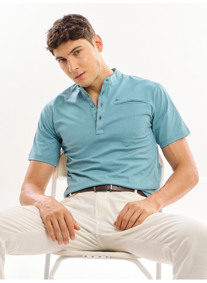 Beyoung Sky Blue Solid Henley T-shirt - Image 3