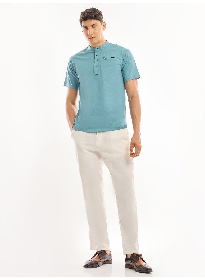 Beyoung Sky Blue Solid Henley T-shirt - Image 4