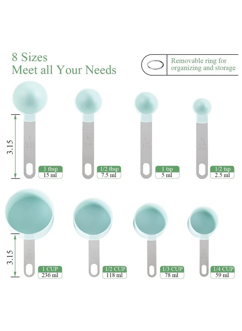 Cuken - 8 Pieces Measuring Cups and Spoons, Measuring Cups with Stainless Steel Handle for Dry and Liquid Ingredient, Lake Blue - Image 1