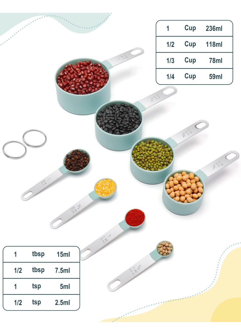 Cuken - 8 Pieces Measuring Cups and Spoons, Measuring Cups with Stainless Steel Handle for Dry and Liquid Ingredient, Lake Blue - Image 1