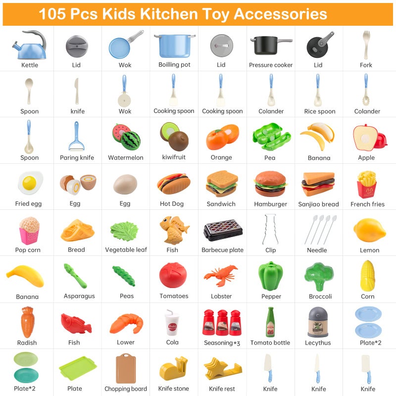 Zero Zoo 105Pcs Kids Kitchen Toy Accessories Toddler Pretend BBQ Camping Cooking Playset Play Pots Pans Utensils Cookware Toys Play Food Set Vegetables Learning Gift for Girls Boys - Image 3