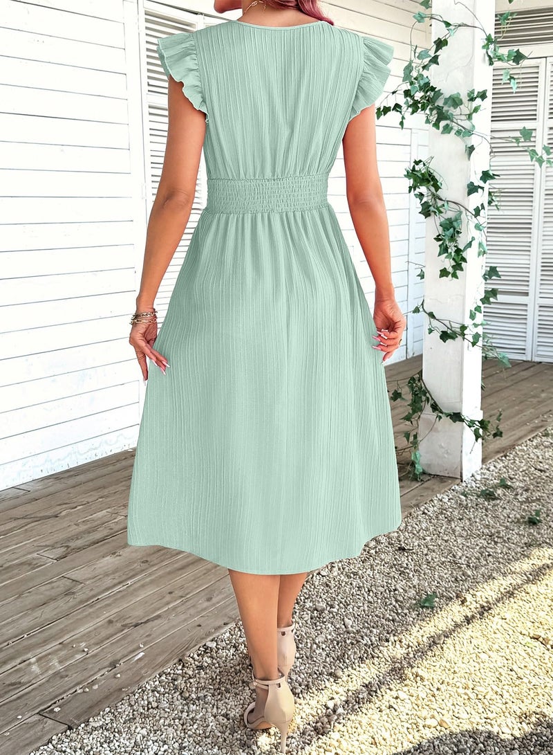Shein SHEWIN Women Summer Dress Ruffle Short Sleeve V Neck Dresses Boho Semi Formal Wedding Guest Party Outfits Solid Elegant Dressy Casual 2026 Clothes Vestidos De Mujer Size XL, Mint Green - Image 3