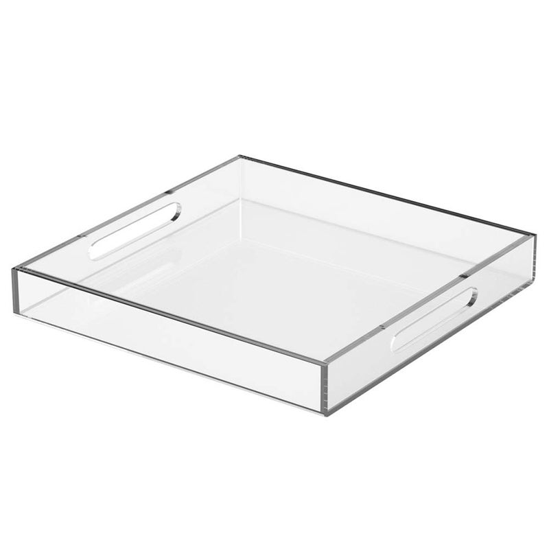 NIUBEE Clear Serving Tray 12x12 Inches Spill Proof Acrylic Decorative Tray Organiser for Ottoman Coffee Table Countertop with Handles