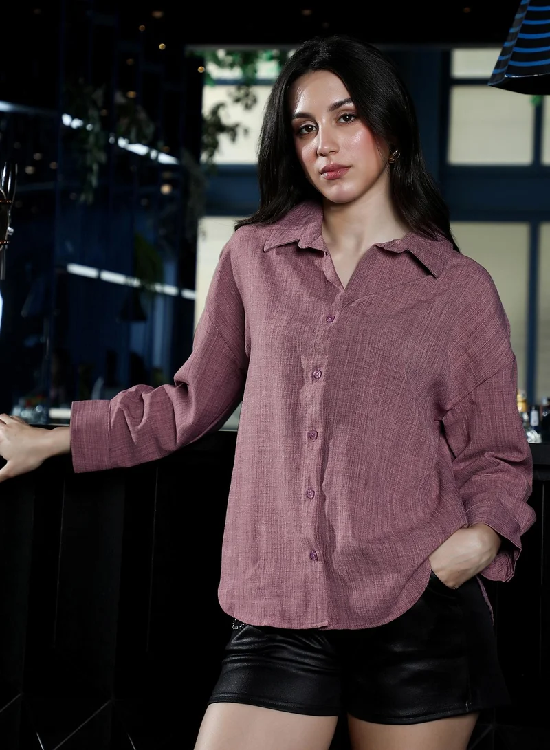 PINACOLADA Women's Mauve Purple Solid Linen-Blend Oversized Shirt | نساء | أكمام طويلة | سادة | طوق منتشر | كاجوال كبير الحجم | قميص