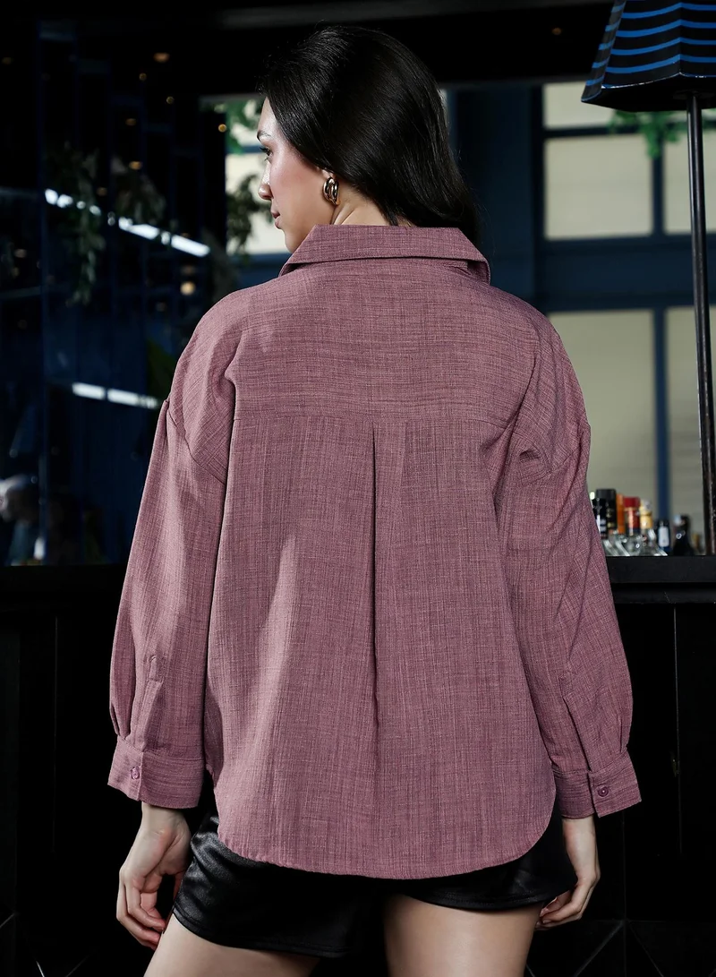 PINACOLADA  Women's Mauve Purple Solid Linen-Blend Oversized Shirt | نساء | أكمام طويلة | سادة | طوق منتشر | كاجوال كبير الحجم | قميص for Women | Best Price UAE