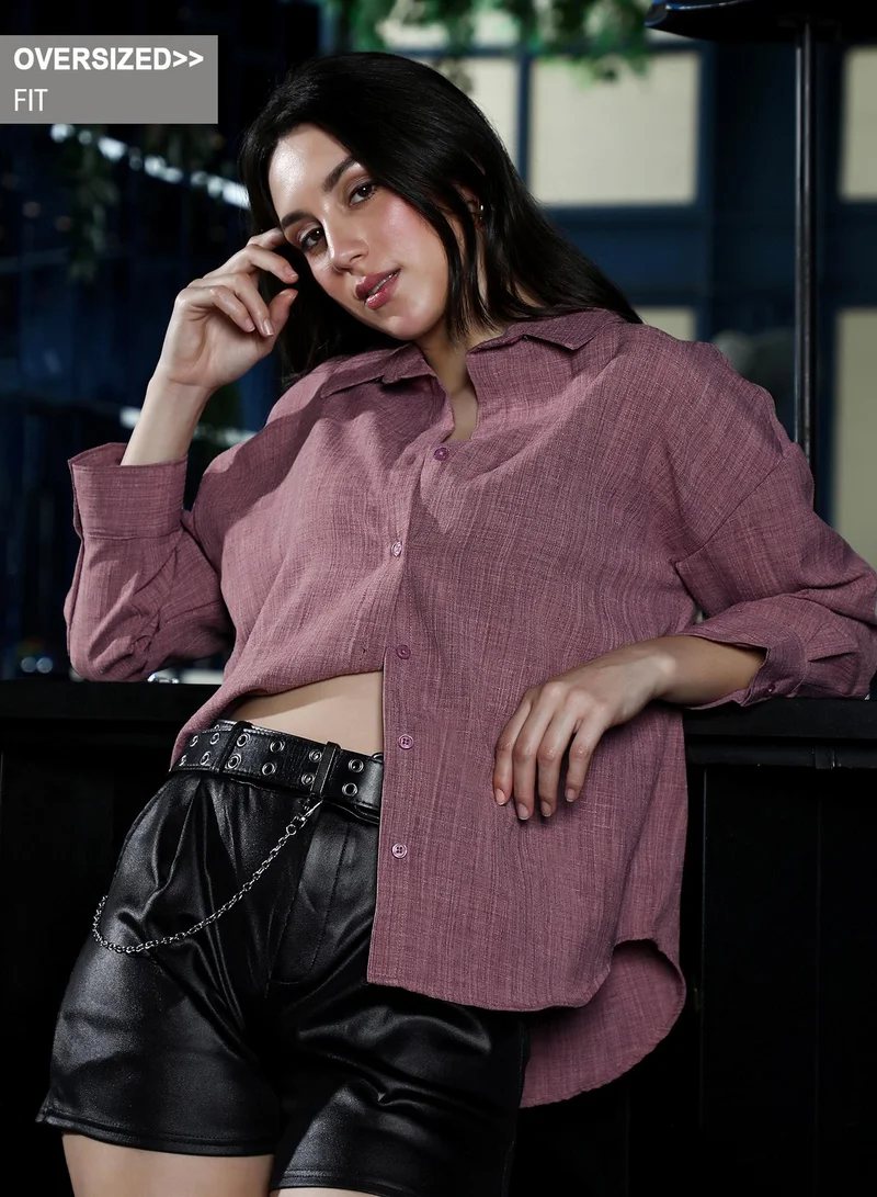 PINACOLADA Women's Mauve Purple Solid Linen-Blend Oversized Shirt | نساء | أكمام طويلة | سادة | طوق منتشر | كاجوال كبير الحجم | قميص