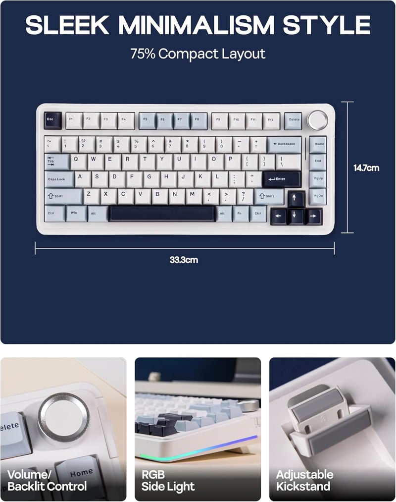 EPOMAKER EA75 75% RGB Gaming Mechanical Keyboard, 2.4GHz/Type-C/BT Creamy Wireless Keyboard with Knob, Shine Through PBT Keycaps, Hot Swappable for Gamers(Light Blue, Graywood V3 Switch) - Image 4