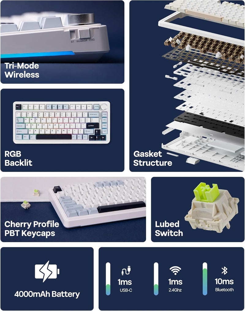 EPOMAKER EA75 75% RGB Gaming Mechanical Keyboard, 2.4GHz/Type-C/BT Creamy Wireless Keyboard with Knob, Shine Through PBT Keycaps, Hot Swappable for Gamers(Light Blue, Graywood V3 Switch) - Image 3