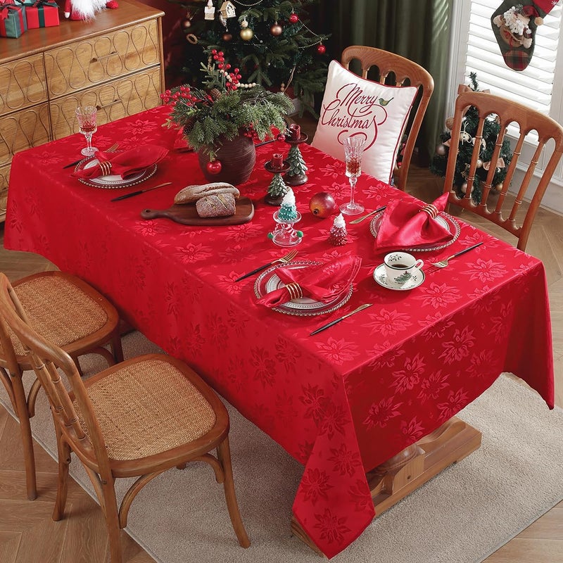 SASTYBALE Christmas Tablecloths Rectangular Jacquard Xmas Table Cloth with Poinsettia Flowers Spill Proof Heavy Duty Table Cover for Parties Winter Holiday Decor Rectangle 60 x 84 Red - Image 3