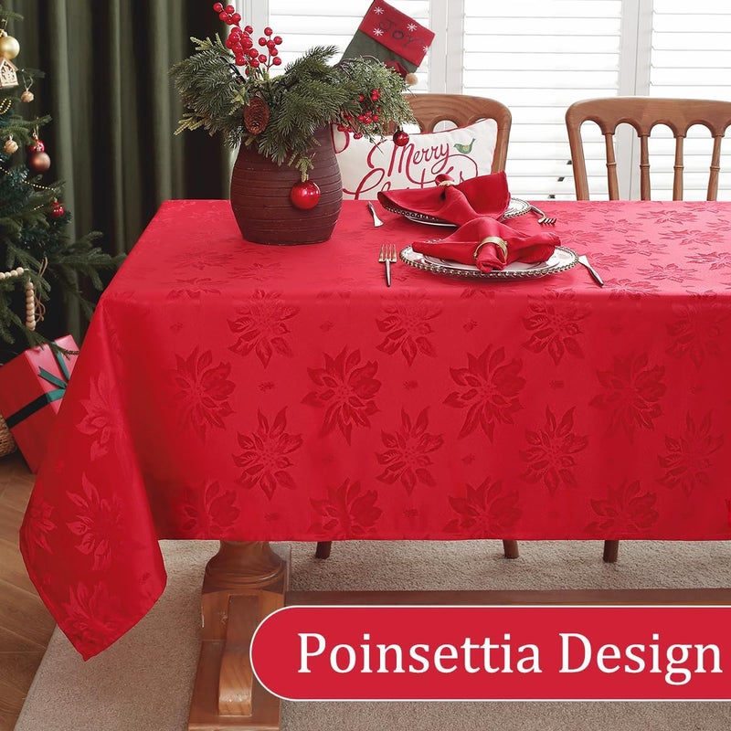 SASTYBALE Christmas Tablecloths Rectangular Jacquard Xmas Table Cloth with Poinsettia Flowers Spill Proof Heavy Duty Table Cover for Parties Winter Holiday Decor Rectangle 60 x 84 Red - Image 2