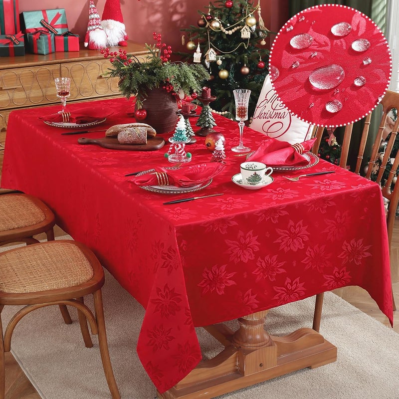SASTYBALE Christmas Tablecloths Rectangular Jacquard Xmas Table Cloth with Poinsettia Flowers Spill Proof Heavy Duty Table Cover for Parties Winter Holiday Decor Rectangle 60 x 84 Red - Image 1