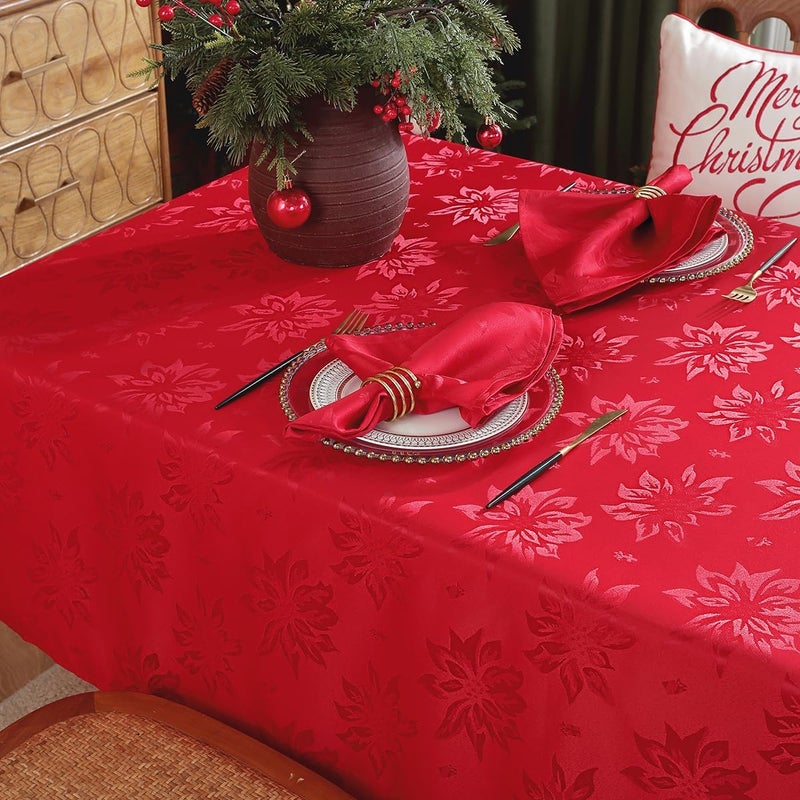 SASTYBALE Christmas Tablecloths Rectangular Jacquard Xmas Table Cloth with Poinsettia Flowers Spill Proof Heavy Duty Table Cover for Parties Winter Holiday Decor Rectangle 60 x 84 Red - Image 4