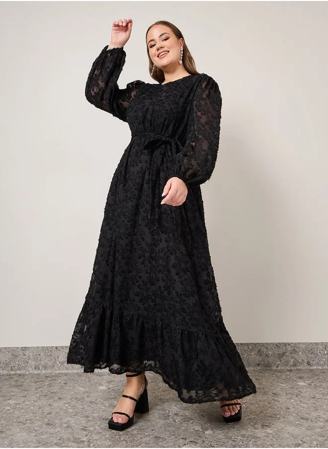 Styli Textured Georgette Maxi Dress with Self Tie