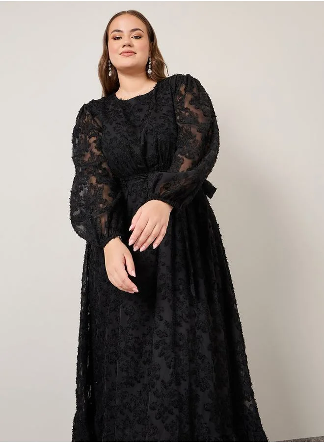 Styli Textured Georgette Maxi Dress with Self Tie