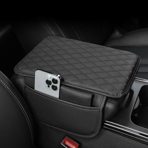 YOURKARTS.COM Car Armrest Cushion Pad with Side Pocket | Car Center Console Arm-rest Cover | Leather Memory Foam Armrest Cushion Protection Pad | Universal Fit for Cars & SUVs (Black Quilted Design) - Image 1