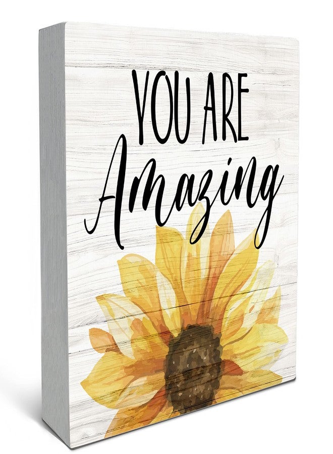 SRADMO You are Amazing Sunflower Wood Box Sign Desk Decor，Inspirational Quotes Wooden Block Box Sign Decoration For Home Women Girl Room Office Wall Shelf Table Decor - Image 1