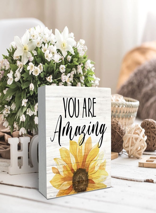 SRADMO You are Amazing Sunflower Wood Box Sign Desk Decor，Inspirational Quotes Wooden Block Box Sign Decoration For Home Women Girl Room Office Wall Shelf Table Decor - Image 3