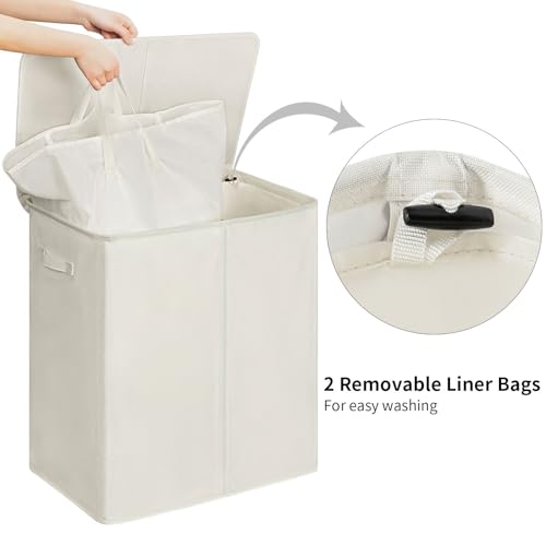 WOWLIVE 140L Double Laundry Hamper with Lid and Removable Laundry Bags, Large Dirty Clothes Hamper 2 section Collapsible Laundry Basket Dorm Room Storage for Bedroom, Bathroom, College,Beige - Image 5
