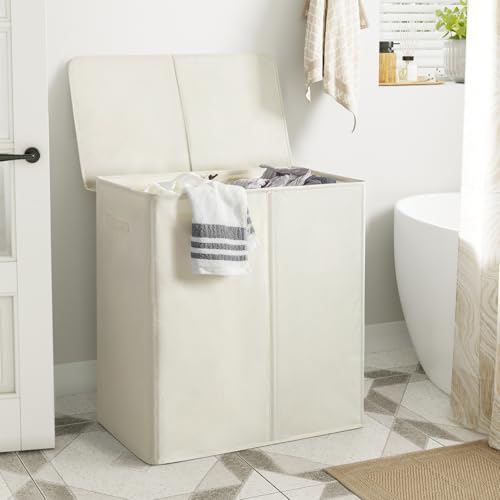 WOWLIVE 140L Double Laundry Hamper with Lid and Removable Laundry Bags, Large Dirty Clothes Hamper 2 section Collapsible Laundry Basket Dorm Room Storage for Bedroom, Bathroom, College,Beige - Image 2