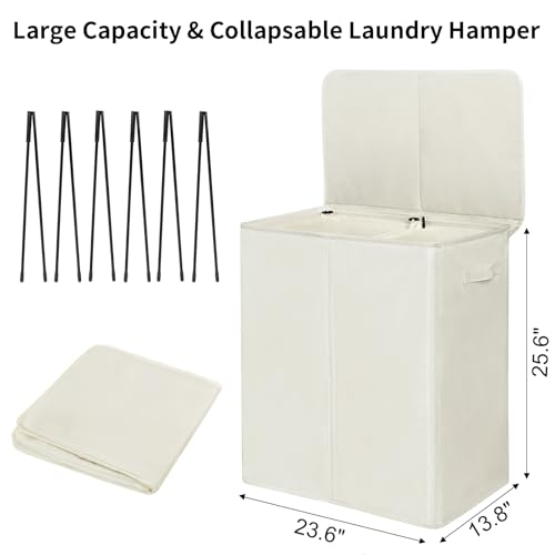 WOWLIVE 140L Double Laundry Hamper with Lid and Removable Laundry Bags, Large Dirty Clothes Hamper 2 section Collapsible Laundry Basket Dorm Room Storage for Bedroom, Bathroom, College,Beige - Image 3