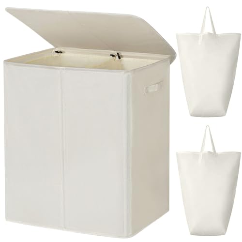 WOWLIVE 140L Double Laundry Hamper with Lid and Removable Laundry Bags, Large Dirty Clothes Hamper 2 section Collapsible Laundry Basket Dorm Room Storage for Bedroom, Bathroom, College,Beige - Image 1