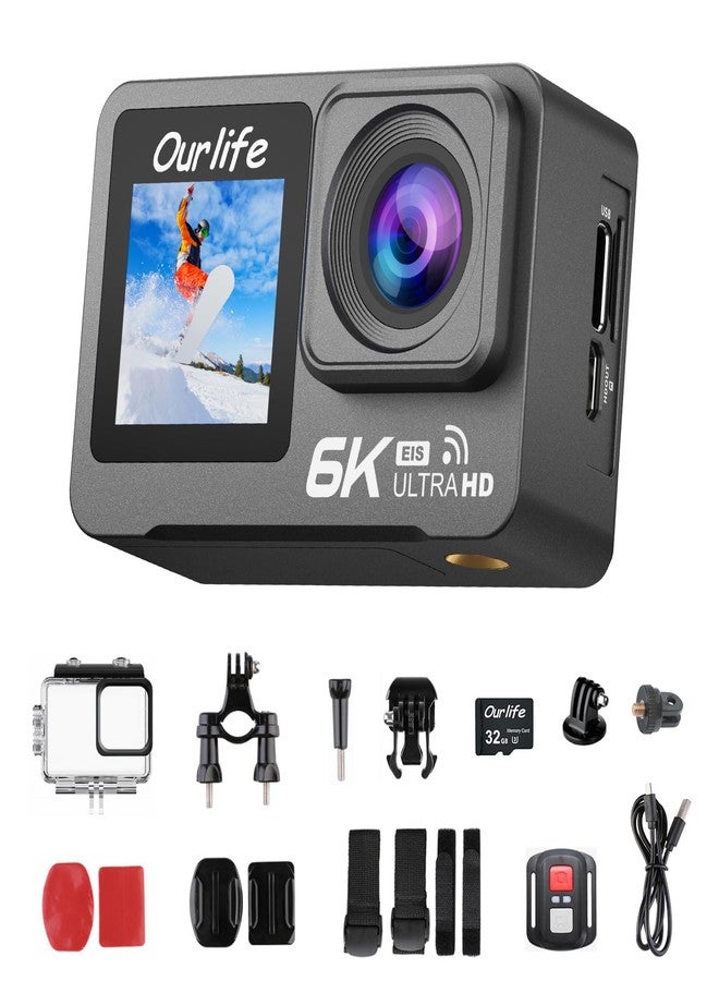 Ourlife 6K/30fps Action Camera Stunning Low-Light Imaging,Dual Screen Touch with 9:16 Vertical,170°Wide FOV,30M Waterproof Underwater Camera for Snorkeling EIS Remote Control(32GB) - Image 1