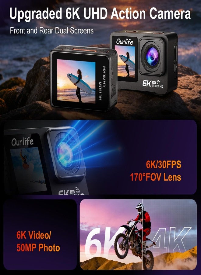 Ourlife 6K/30fps Action Camera Stunning Low-Light Imaging,Dual Screen Touch with 9:16 Vertical,170°Wide FOV,30M Waterproof Underwater Camera for Snorkeling EIS Remote Control(32GB) - Image 2