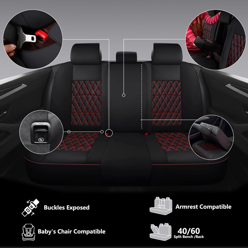 NS YOLO Leather Car Seat Covers,Universal Fit for Most Cars,SUVs and Sedans,Waterproof Luxury Leatherette Cushions, 5 Seats Protectors (Black and Red, Full Set-5 Seats(Front and Rear)) - Image 5