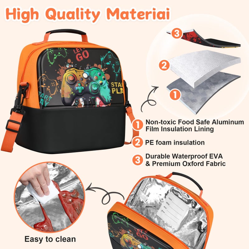 Elipark Kids Lunch Bag, Durable Insulated Lunch Bag for Girls, Boys, Washable Lunch Box Bag With Adjustable Shoulder Strap, Reusable Bento Bag for School Picnic & Travel (Game Pad) - Image 5