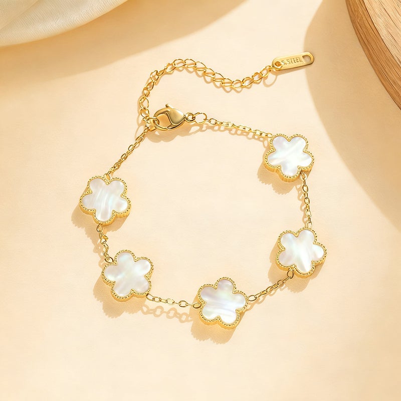 13mm Double-Sided Four-Leaf Clover and Five-Petal Flower Chain Bracelet – Gold Titanium Steel, Light Luxury Women's Jewelry