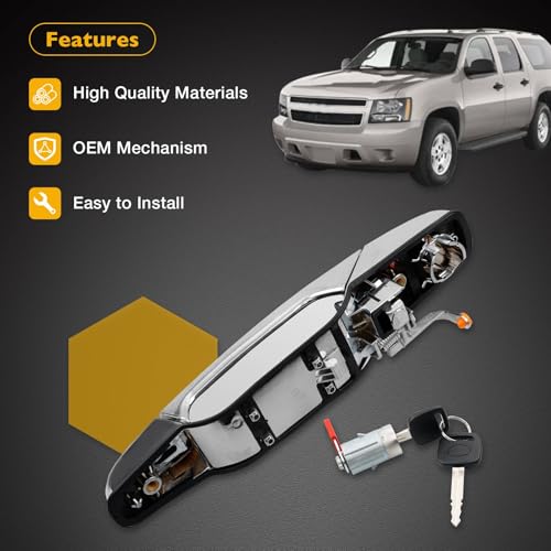Gledewen Exterior Chrome Door Handle Front Left Driver Side with Lock Cylinder and 2 Keys Compatible with 2007 2013 Chevy Avalanche Silverado Tahoe GMC Sierra Yukon Cadillac Escalade Replaces 20828258 - Image 3