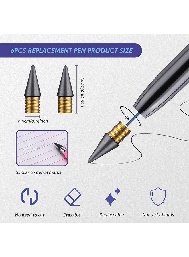 SHOPVILLA 6Pcs of Nibs with 1 Everlasting Inkless Pencil Replaceable Refill Inkless Pen Graphite Nib Metal Inkless Writing Pens Replacement Head Pencils(Multicolor) - Image 2