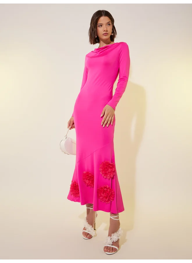 تايك تو Take Two Solid Long Sleeves A-Line Midi Dress with Corsage Detail