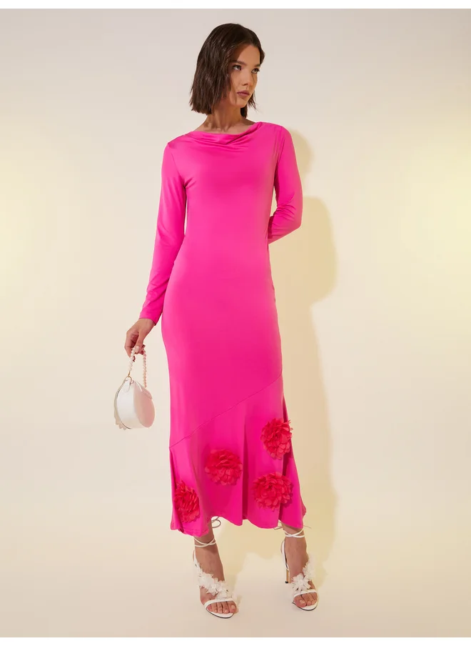 تايك تو Take Two Solid Long Sleeves A-Line Midi Dress with Corsage Detail