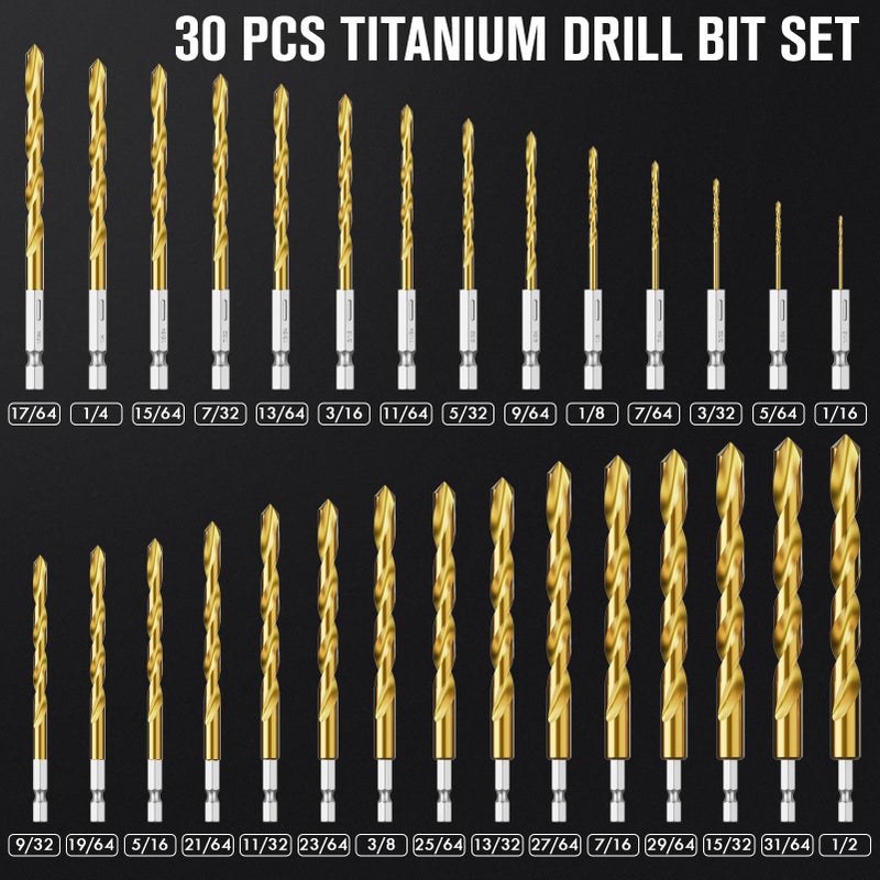Macxcoip Hex Shank Drill Bit Set, 30Pcs Hss Titanium Twist Drill Bit For Sheet Metal, Wood, Plastic, Quick Change Design (1/16"" - 1/2"") - Image 4