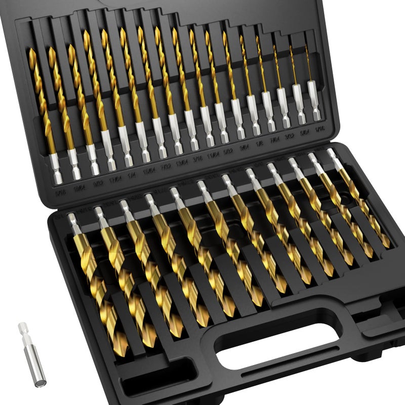 Macxcoip Hex Shank Drill Bit Set, 30Pcs Hss Titanium Twist Drill Bit For Sheet Metal, Wood, Plastic, Quick Change Design (1/16"" - 1/2"") - Image 1