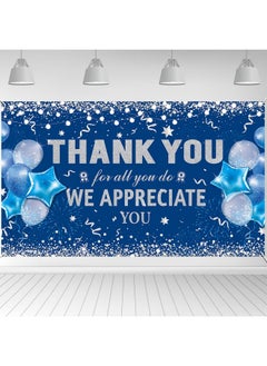 HOWAF Thank You For All You Do Party Decoration Banner, Employee Appreciation Banner For Staff Teachers Doctors Appreciation Party, We Appreciate You Backdrop Banner, Blue And Silver, 72.8" X 43.3"  - Image 1