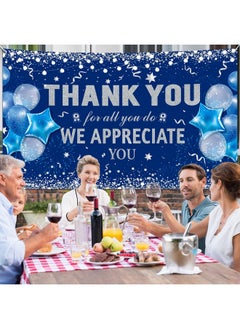 HOWAF Thank You For All You Do Party Decoration Banner, Employee Appreciation Banner For Staff Teachers Doctors Appreciation Party, We Appreciate You Backdrop Banner, Blue And Silver, 72.8" X 43.3"  - Image 4