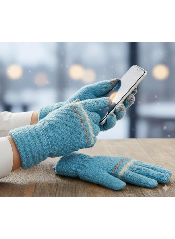 Winter Touch Screen Gloves, Wool Knit, Stripes, Smartphone Compatible - Image 2