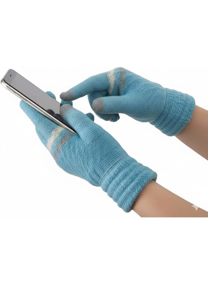 Winter Touch Screen Gloves, Wool Knit, Stripes, Smartphone Compatible - Image 1